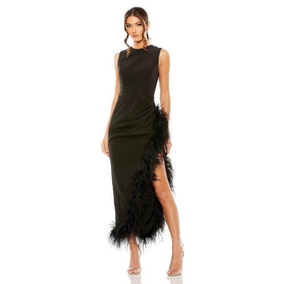 Mac Duggal Dresses & Skirts - Mac Duggal Black Sleeveless Faux Wrap Dress Feather Trim Size 6 11626 NWT